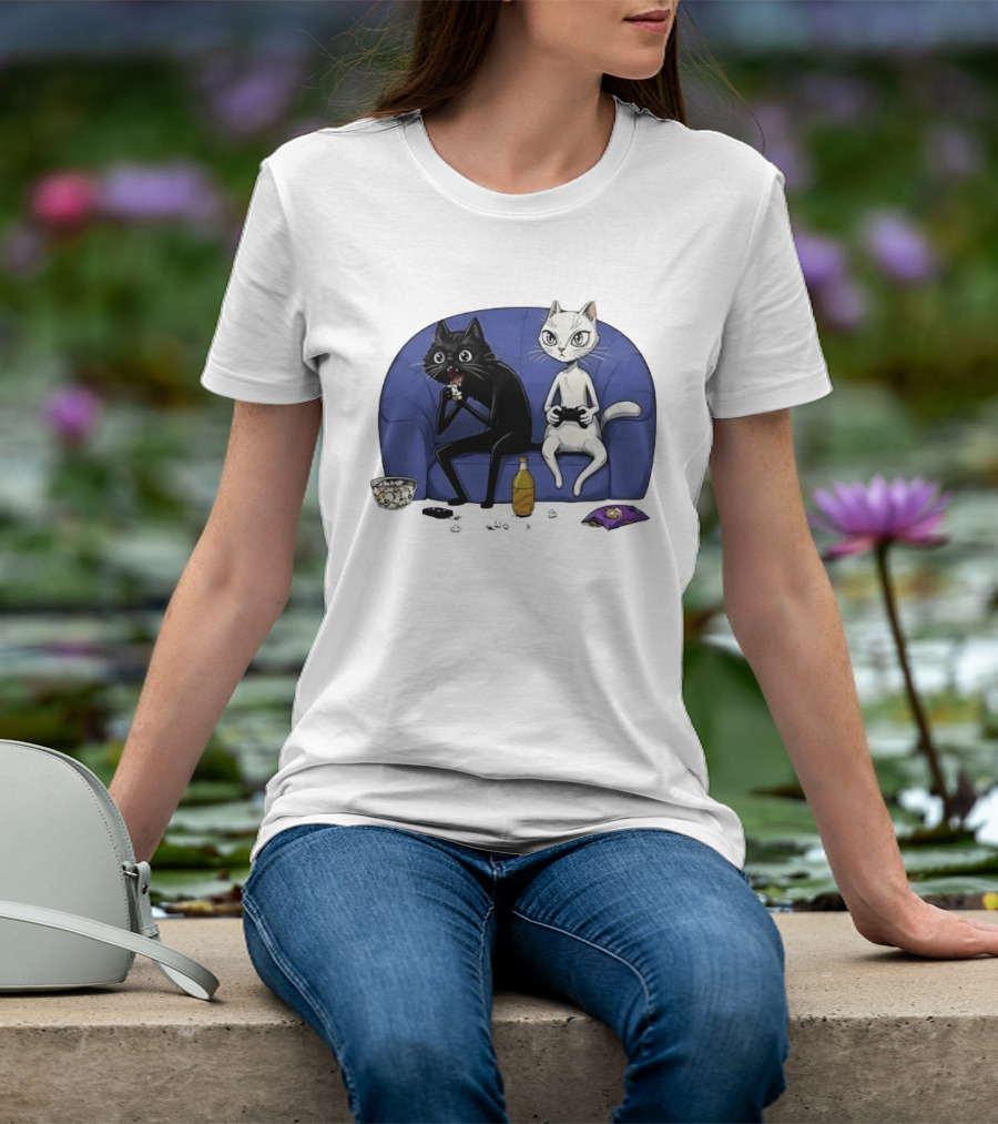 Two Cats One Couch Endless Fun Playing Games With Snacks And Popcorn T-Shirt