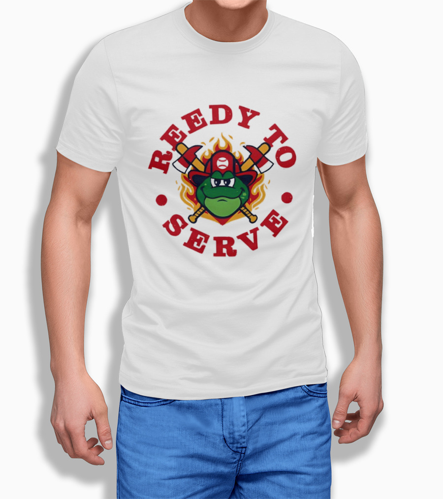 Reedy To Serve Reedy Rip'it The Frog Greenville Drive Baseball Firefighter T-Shirt