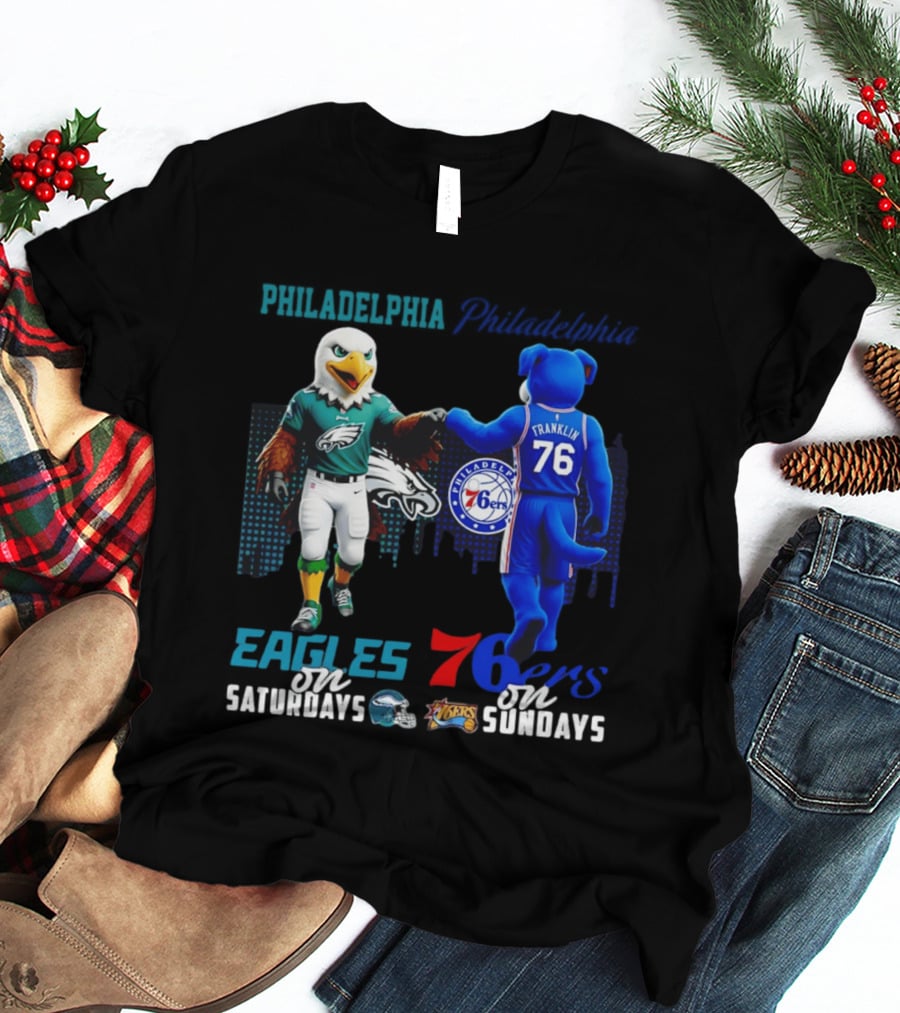 Philadelphia Eagles Vs 76ers Franklin Mascots Saturdays Sundays City Skyline T-Shirt