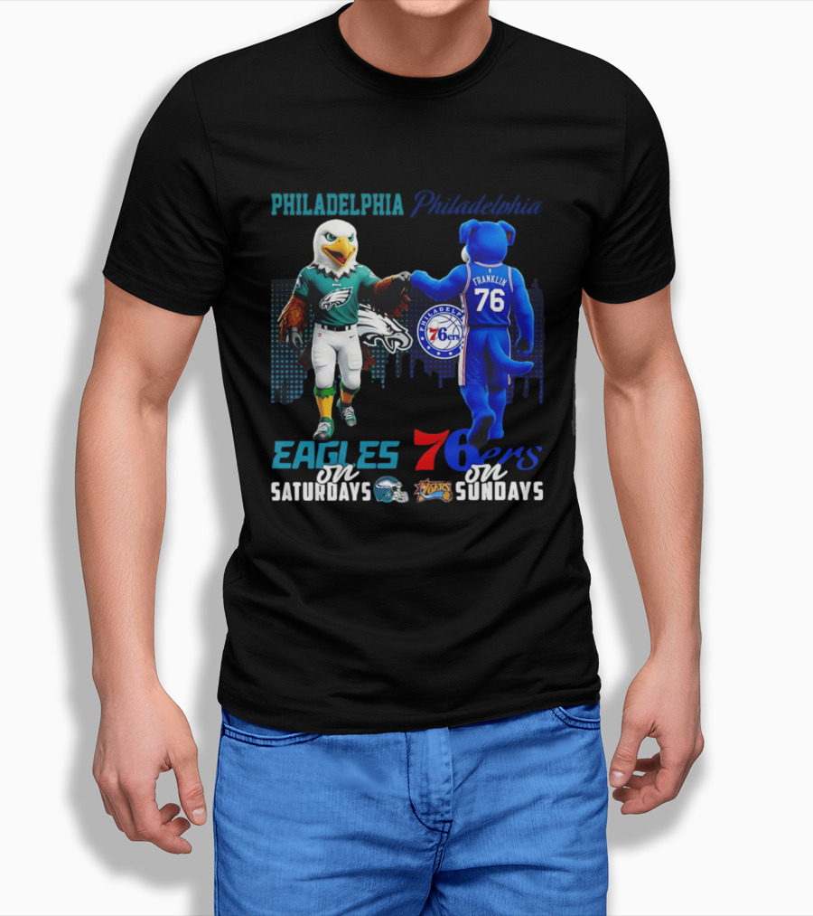 Philadelphia Eagles Vs 76ers Franklin Mascots Saturdays Sundays City Skyline T-Shirt