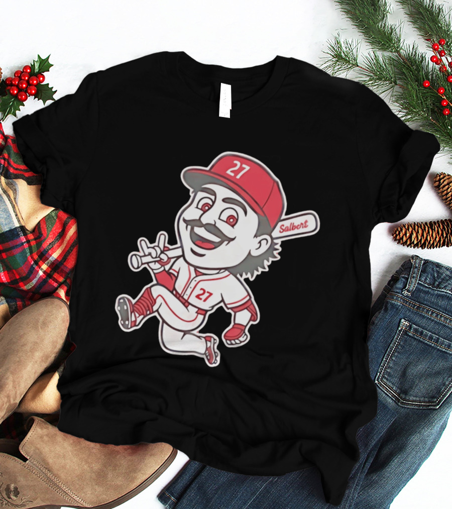 Cincinnati Reds Sal Stewart Number 27 Cartoon Player With Salbert Bat T-Shirt
