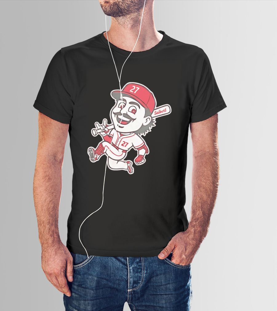 Cincinnati Reds Sal Stewart Number 27 Cartoon Player With Salbert Bat T-Shirt
