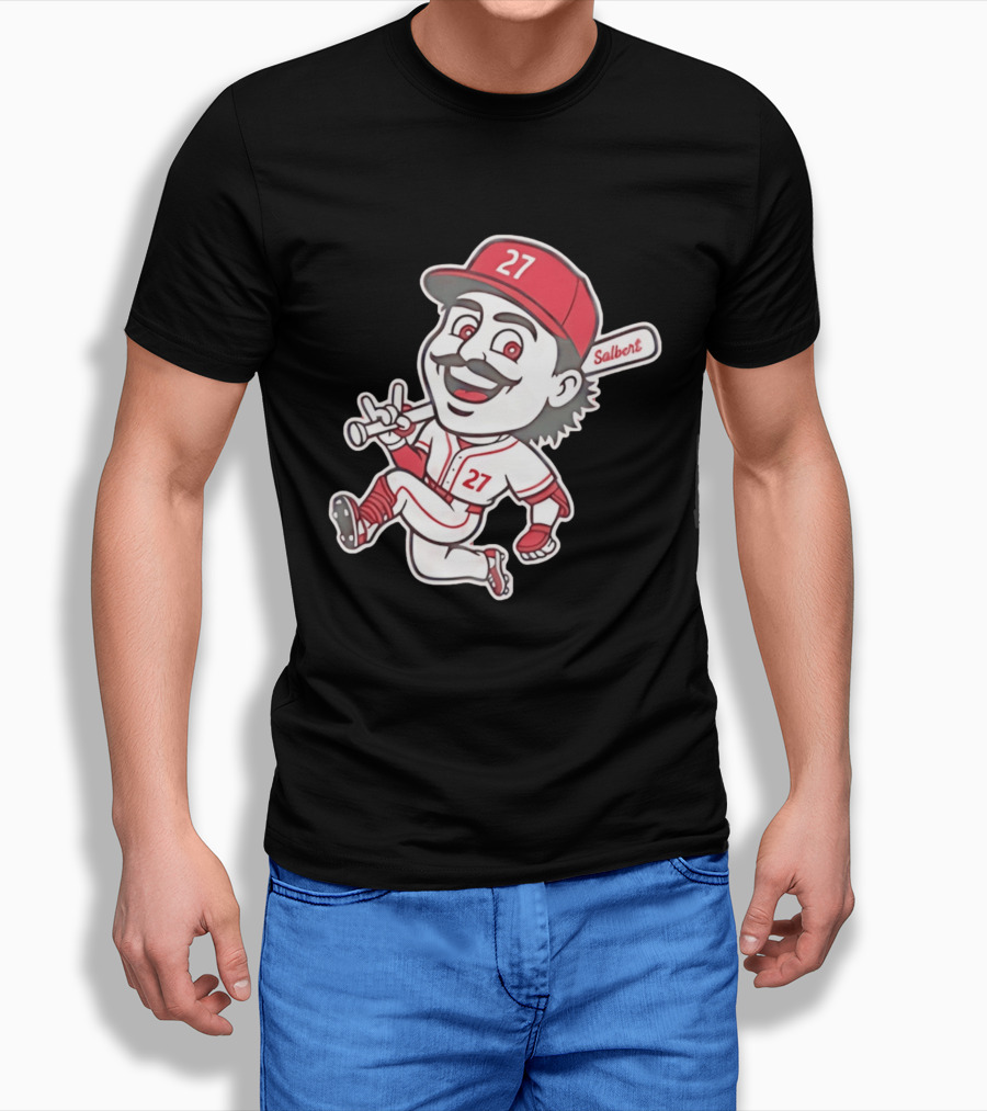 Cincinnati Reds Sal Stewart Number 27 Cartoon Player With Salbert Bat T-Shirt