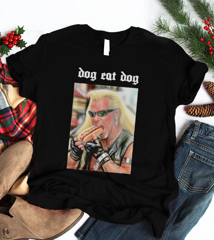 Dog Eat Dog Man Eating Hot Dog Sunglasses Blonde Long Hair T-Shirt