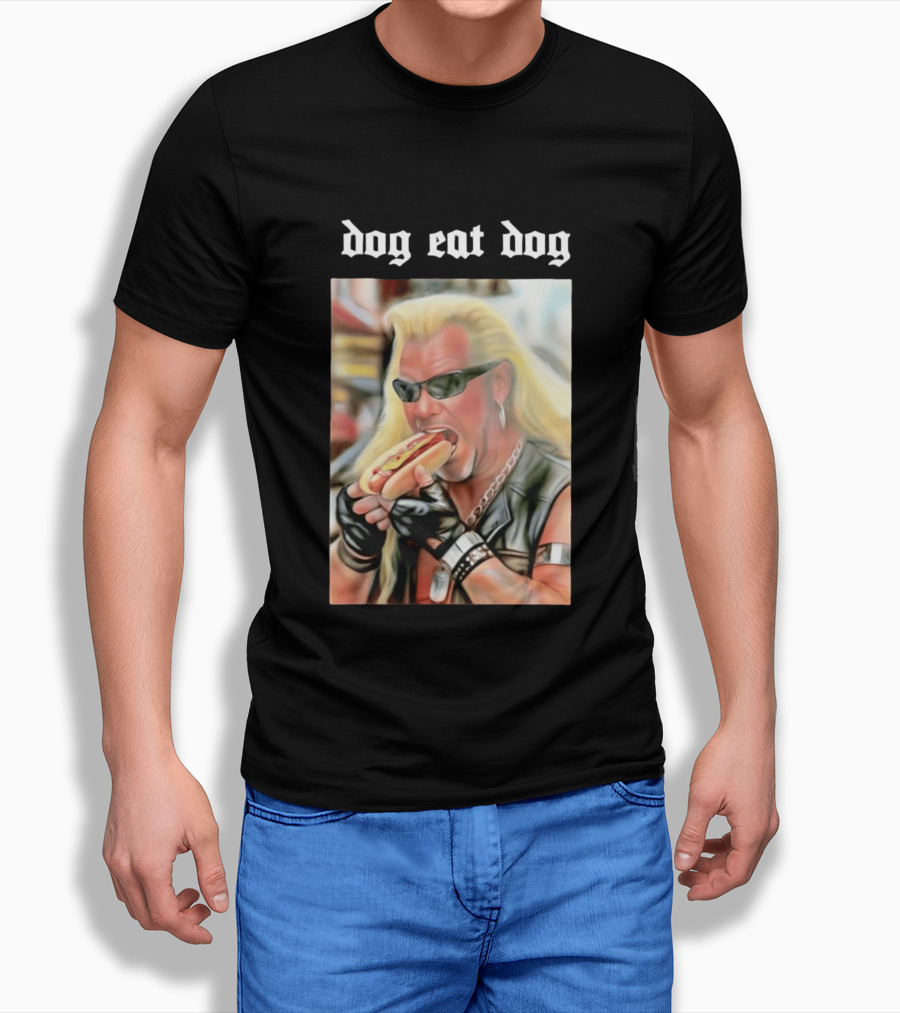 Dog Eat Dog Man Eating Hot Dog Sunglasses Blonde Long Hair T-Shirt