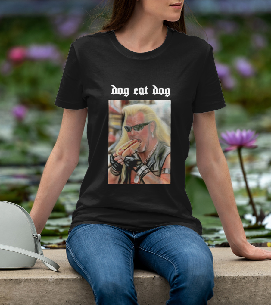 Dog Eat Dog Man Eating Hot Dog Sunglasses Blonde Long Hair T-Shirt