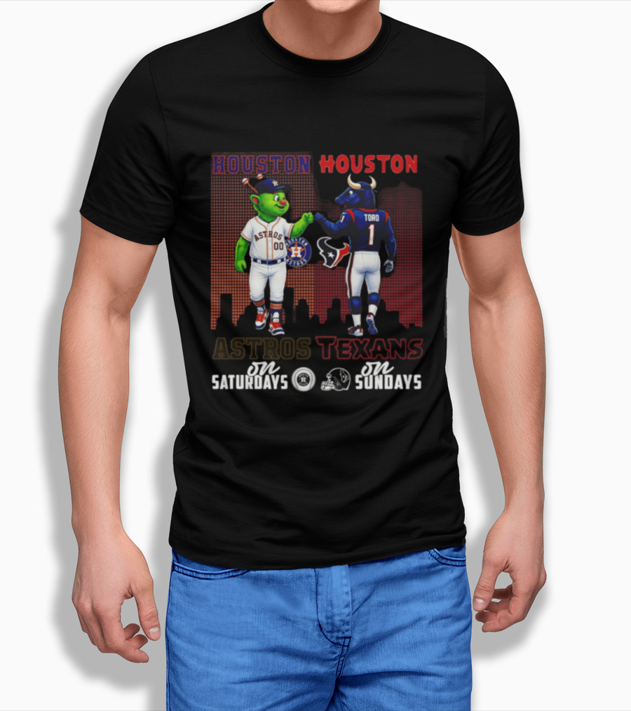 Houston Astros Orbit And Houston Texans Toro Skyline Saturdays Vs Sundays T-Shirt