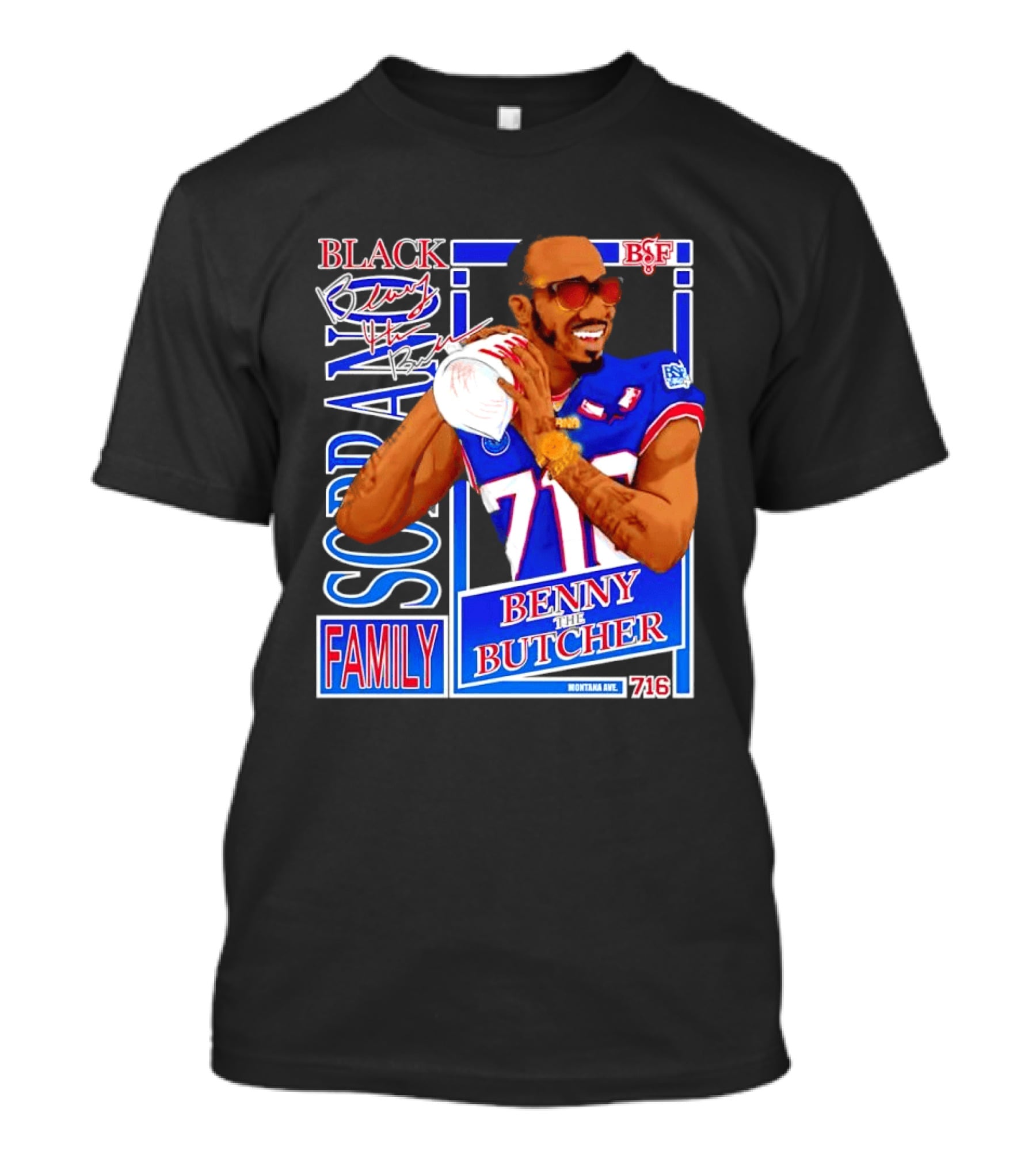 Benny The Butcher Black Soprano Family Buffalo Bills 716 Montana Ave T-Shirt