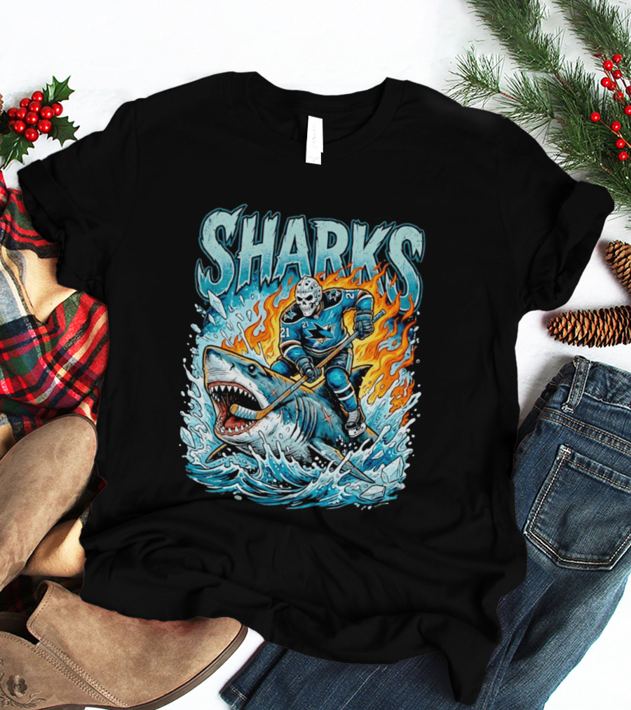San Jose Sharks Hockey Player Riding Shark With Flames And Ice T-Shirt