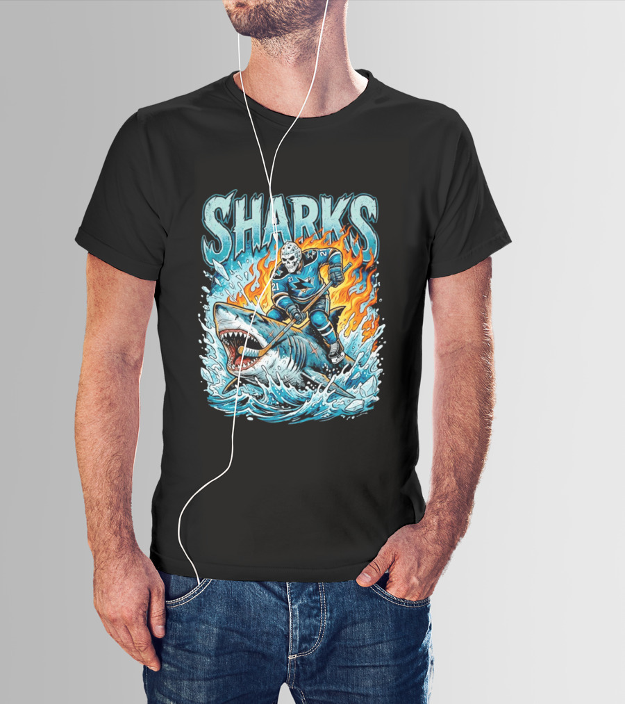 San Jose Sharks Hockey Player Riding Shark With Flames And Ice T-Shirt