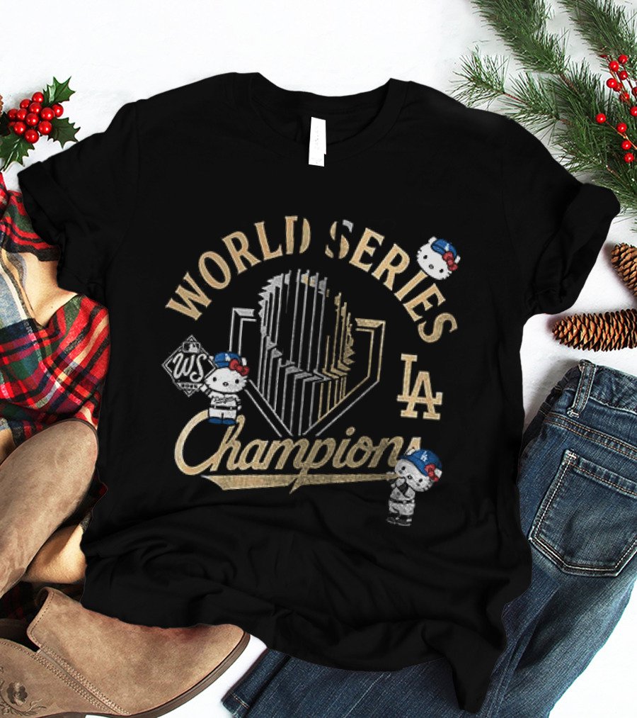 Los Angeles Dodgers World Series Champions Yoshinobu Yamamoto X Hello Kitty Golden Trophy T-Shirt