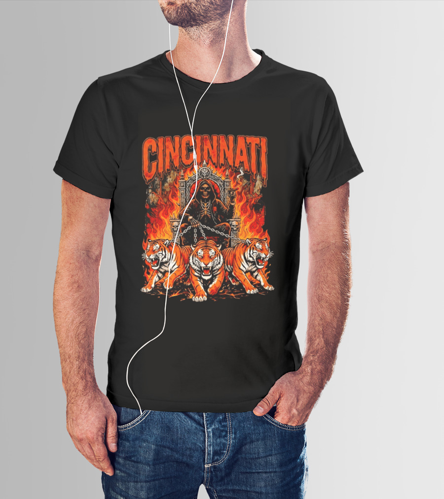 Cincinnati Skull Tiger Throne Fire Chains T-Shirt