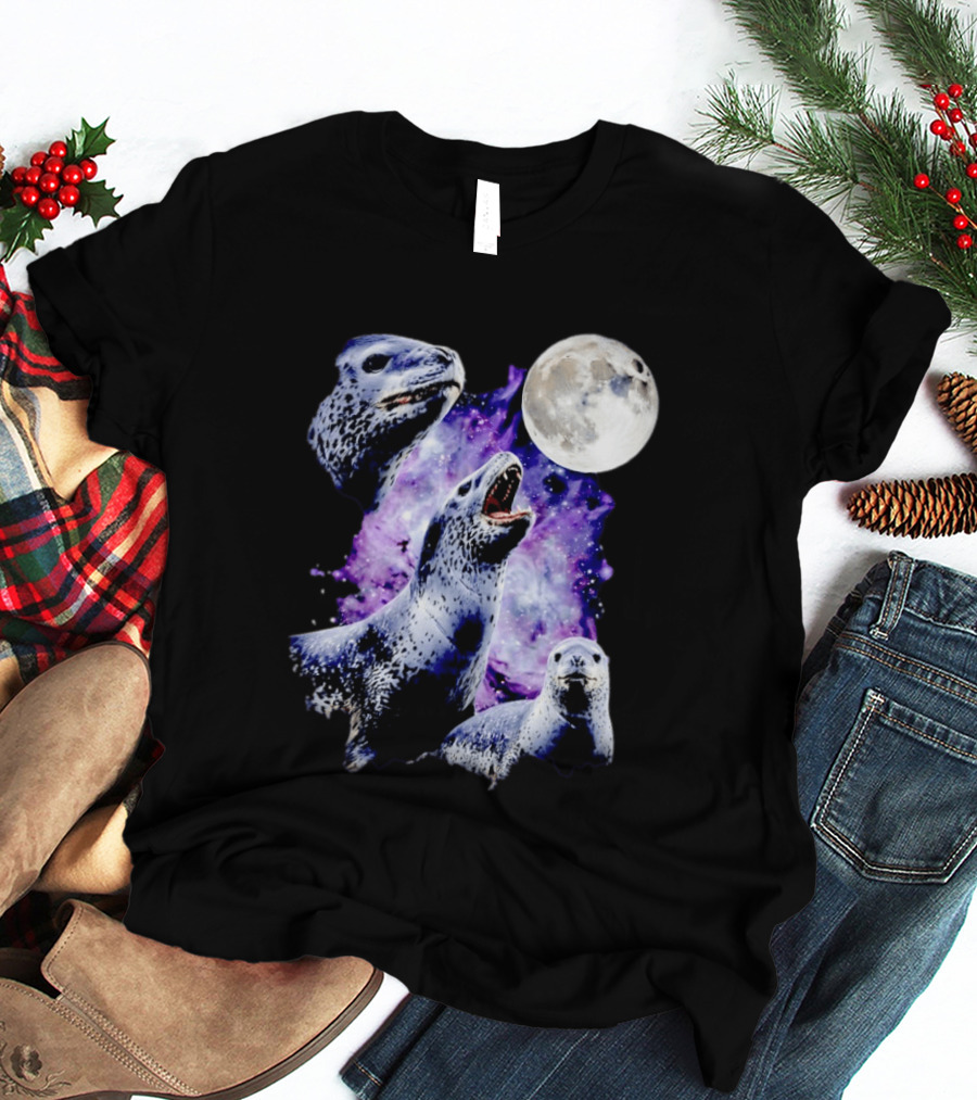 Three Leopard Seals Under Moonlight With Starry Purple Night Sky T-Shirt