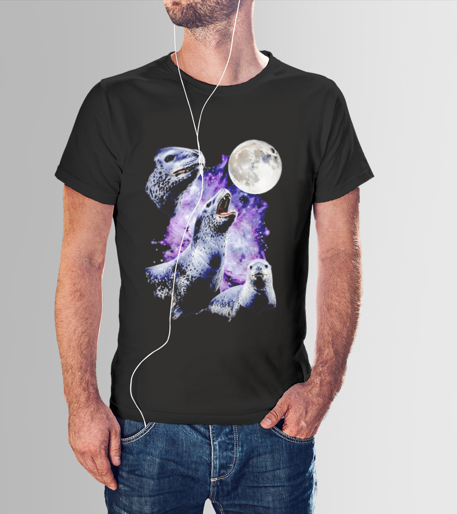 Three Leopard Seals Under Moonlight With Starry Purple Night Sky T-Shirt