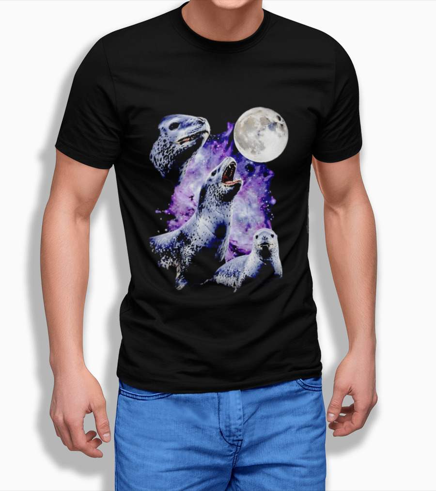 Three Leopard Seals Under Moonlight With Starry Purple Night Sky T-Shirt