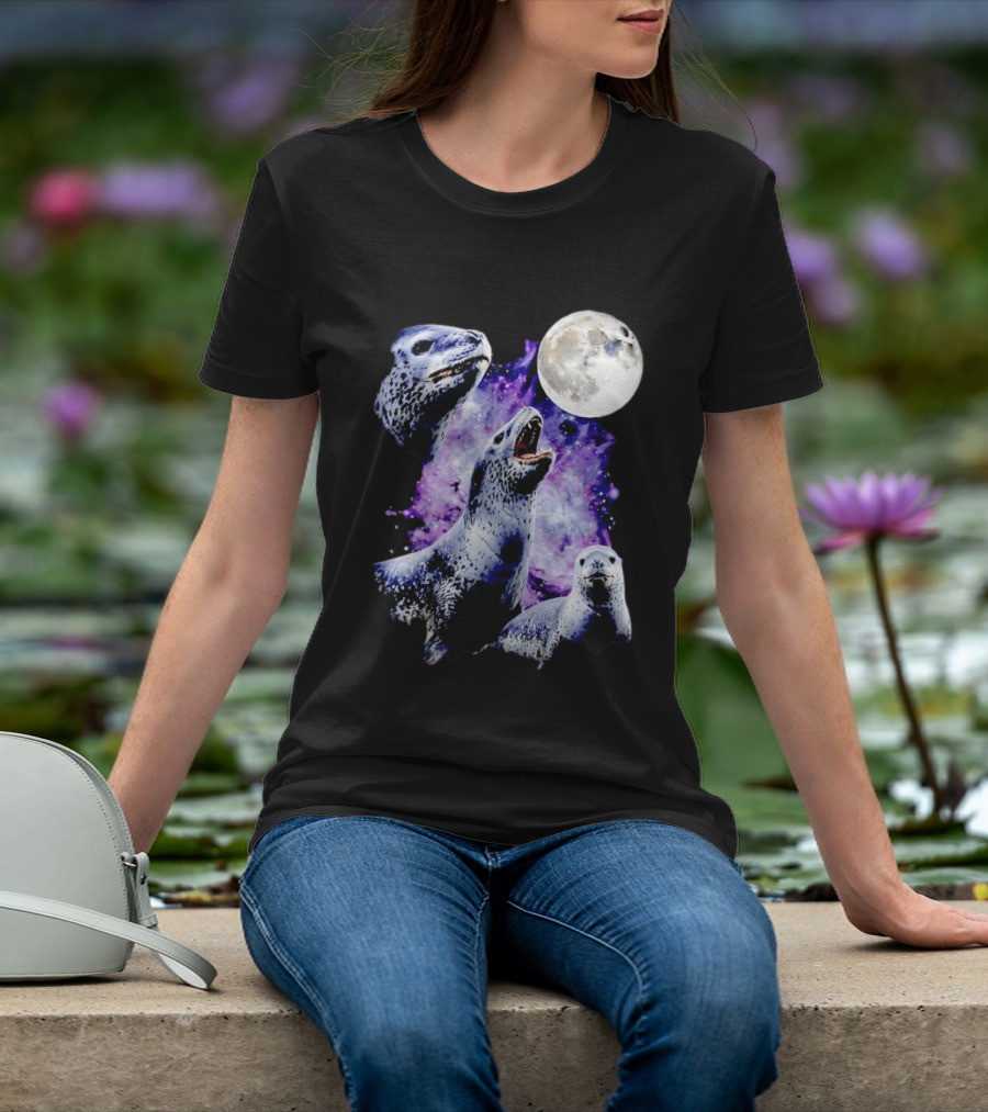 Three Leopard Seals Under Moonlight With Starry Purple Night Sky T-Shirt