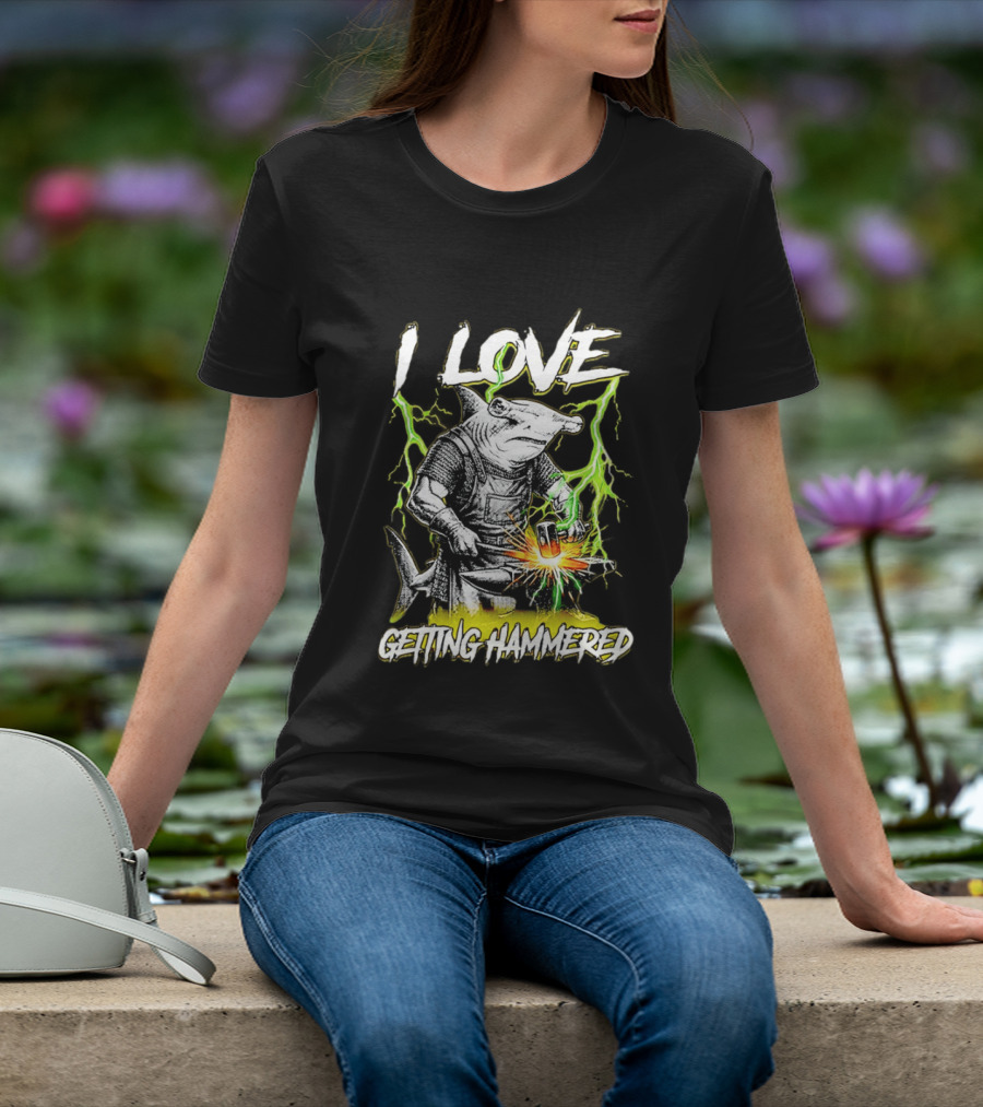 I Love Getting Hammered Hammerhead Shark Lightning Blacksmith Hammering T-Shirt