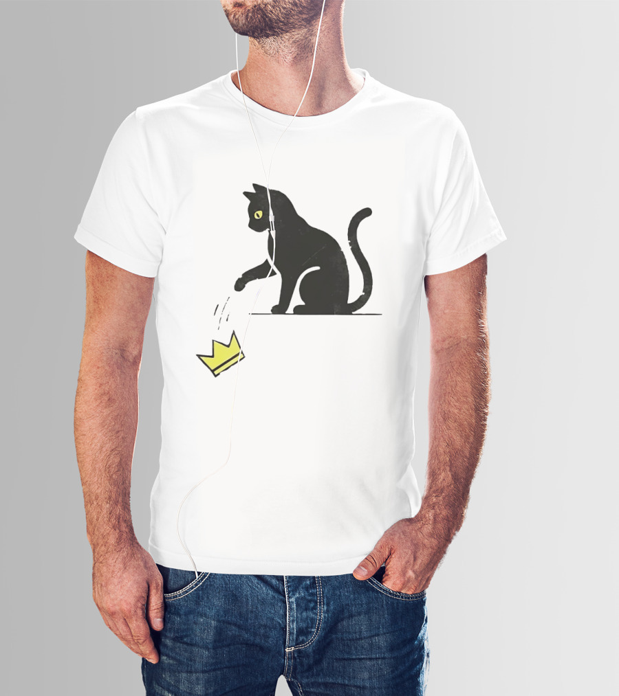 Cat Knocking Crown Anti King Humor Black Cat Yellow Eyes T-Shirt