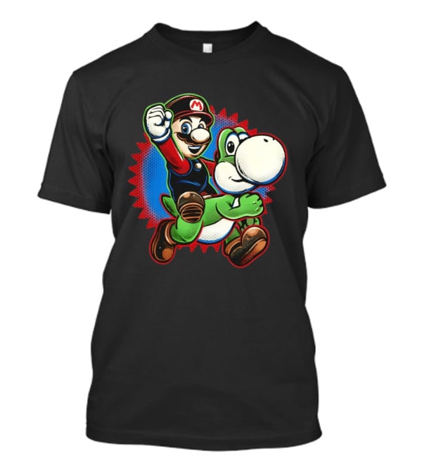 Mario And Yoshi Ride The Green Dino Classic Cartoon Adventure T-Shirt