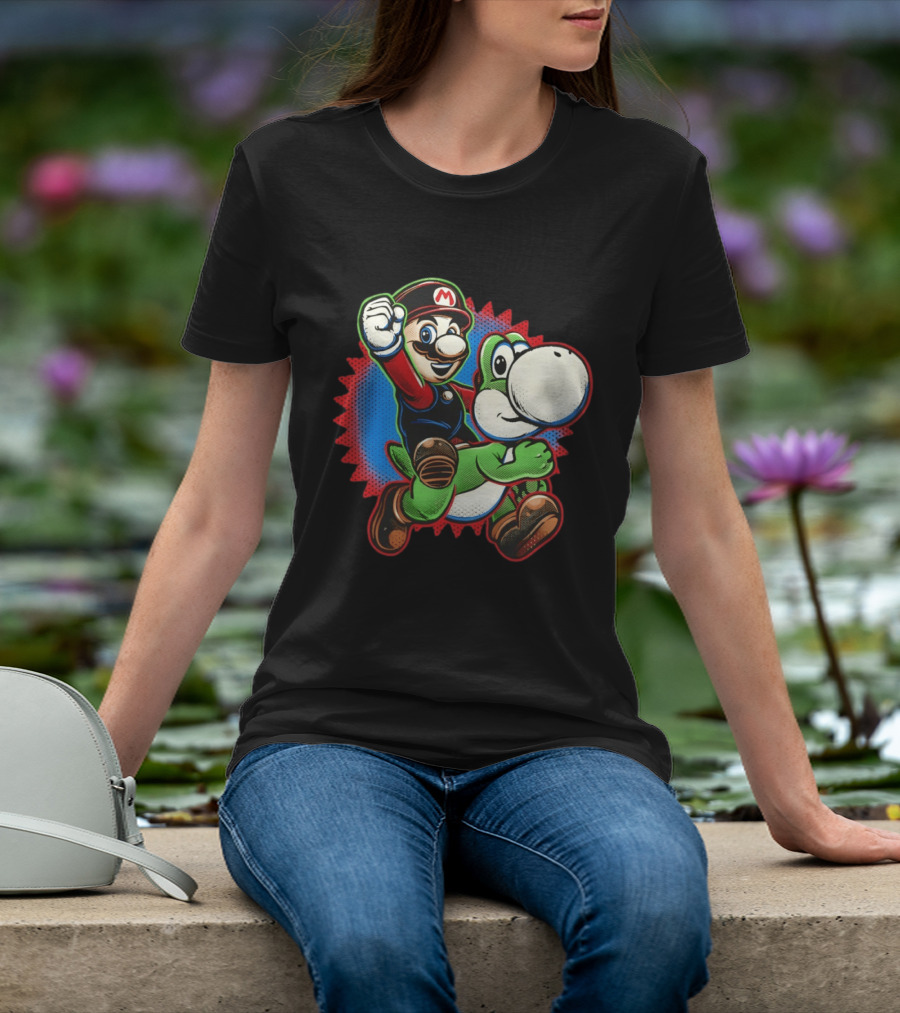 Mario And Yoshi Ride The Green Dino Classic Cartoon Adventure T-Shirt