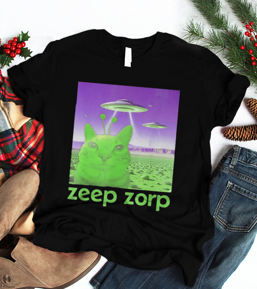 Zeep Zorp Green Cat Alien With UFOs In Space Desert Scenery T-Shirt