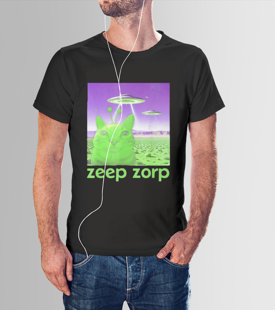 Zeep Zorp Green Cat Alien With UFOs In Space Desert Scenery T-Shirt
