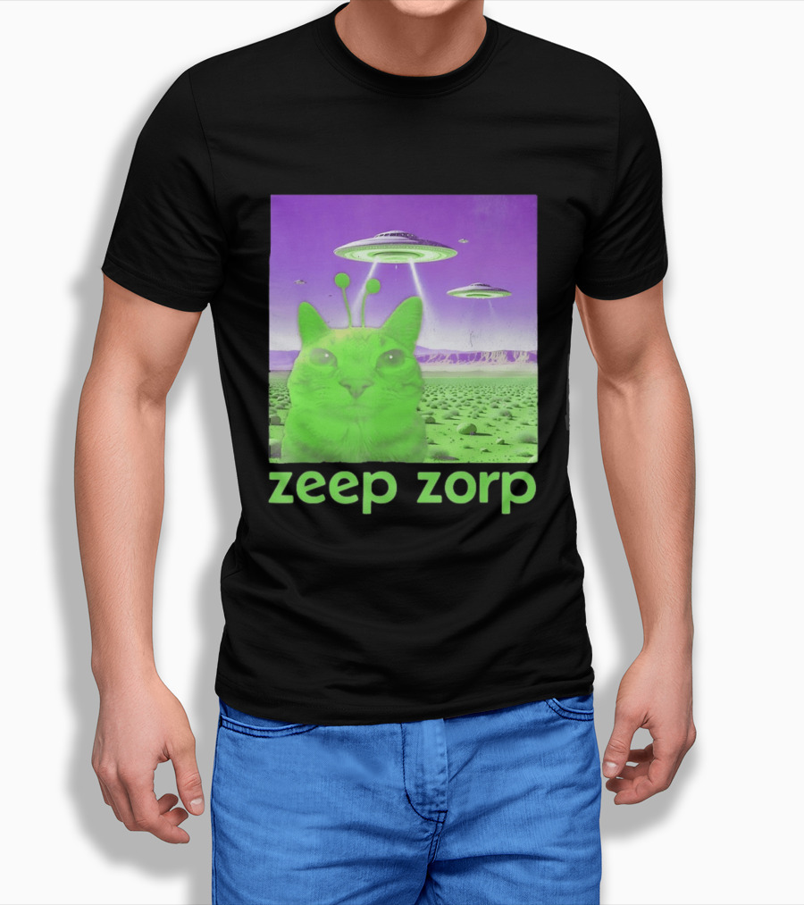 Zeep Zorp Green Cat Alien With UFOs In Space Desert Scenery T-Shirt