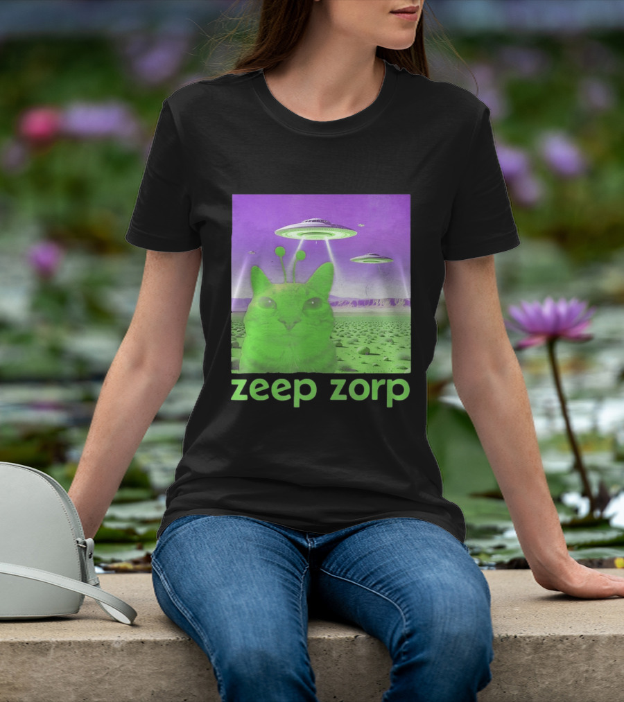 Zeep Zorp Green Cat Alien With UFOs In Space Desert Scenery T-Shirt