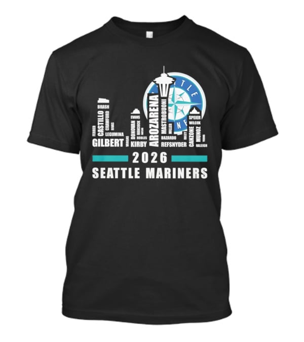 2026 Seattle Mariners City Connect Skyline With Player Names And Space Needle T-Shirt