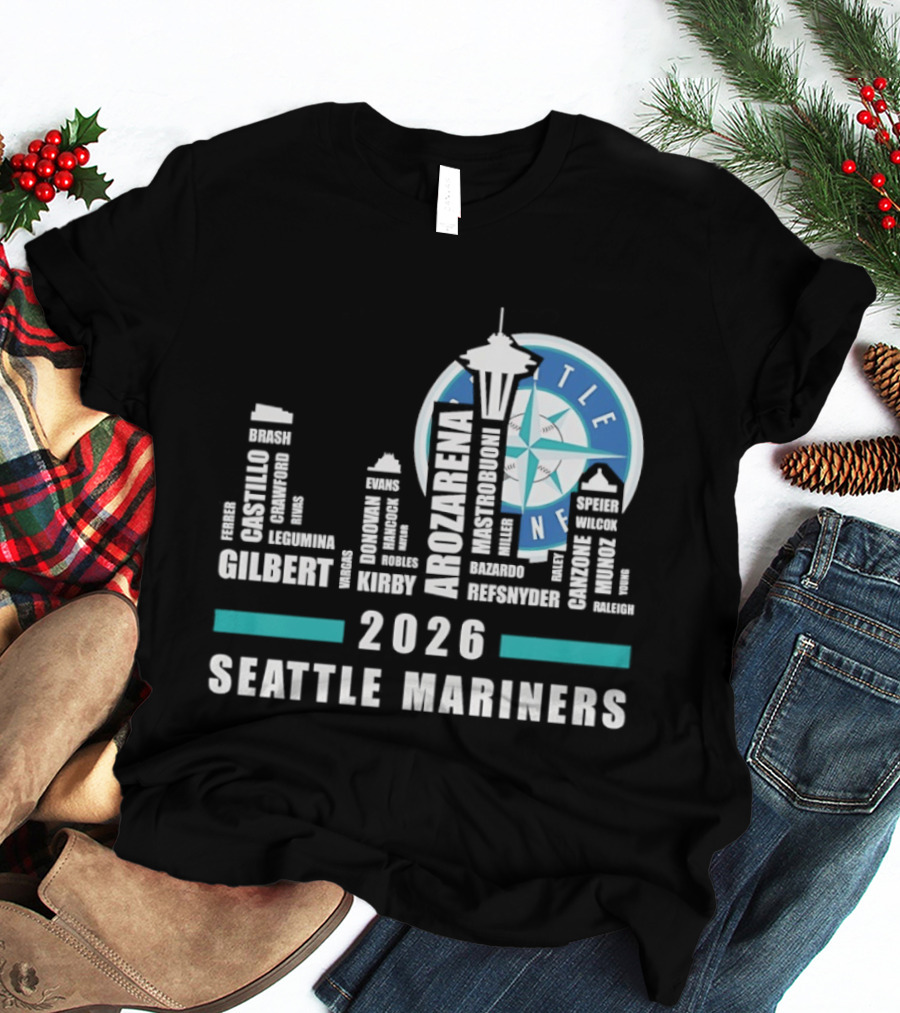 2026 Seattle Mariners City Connect Skyline With Player Names And Space Needle T-Shirt
