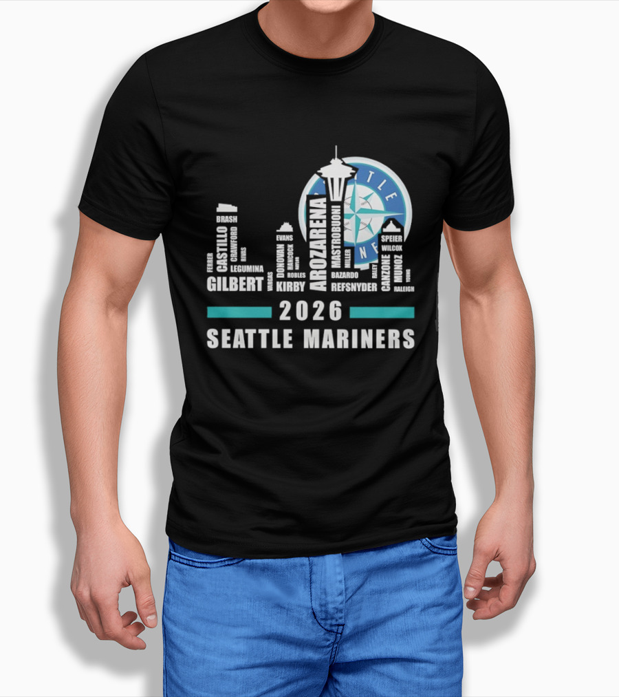 2026 Seattle Mariners City Connect Skyline With Player Names And Space Needle T-Shirt