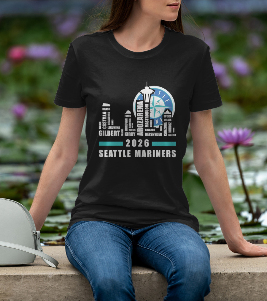 2026 Seattle Mariners City Connect Skyline With Player Names And Space Needle T-Shirt