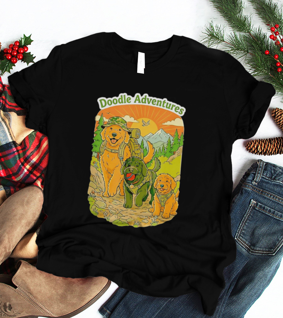 Doodle Adventures Three Dogs Picnic Adventure Sunset T-Shirt