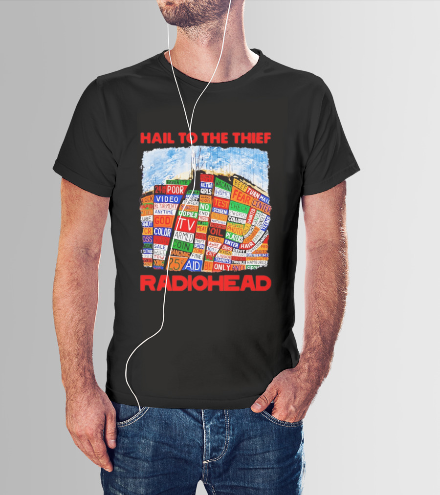Radiohead Hail To The Thief Album Cover Colorful Text Collage 24HR TV 25 Aid T-Shirt