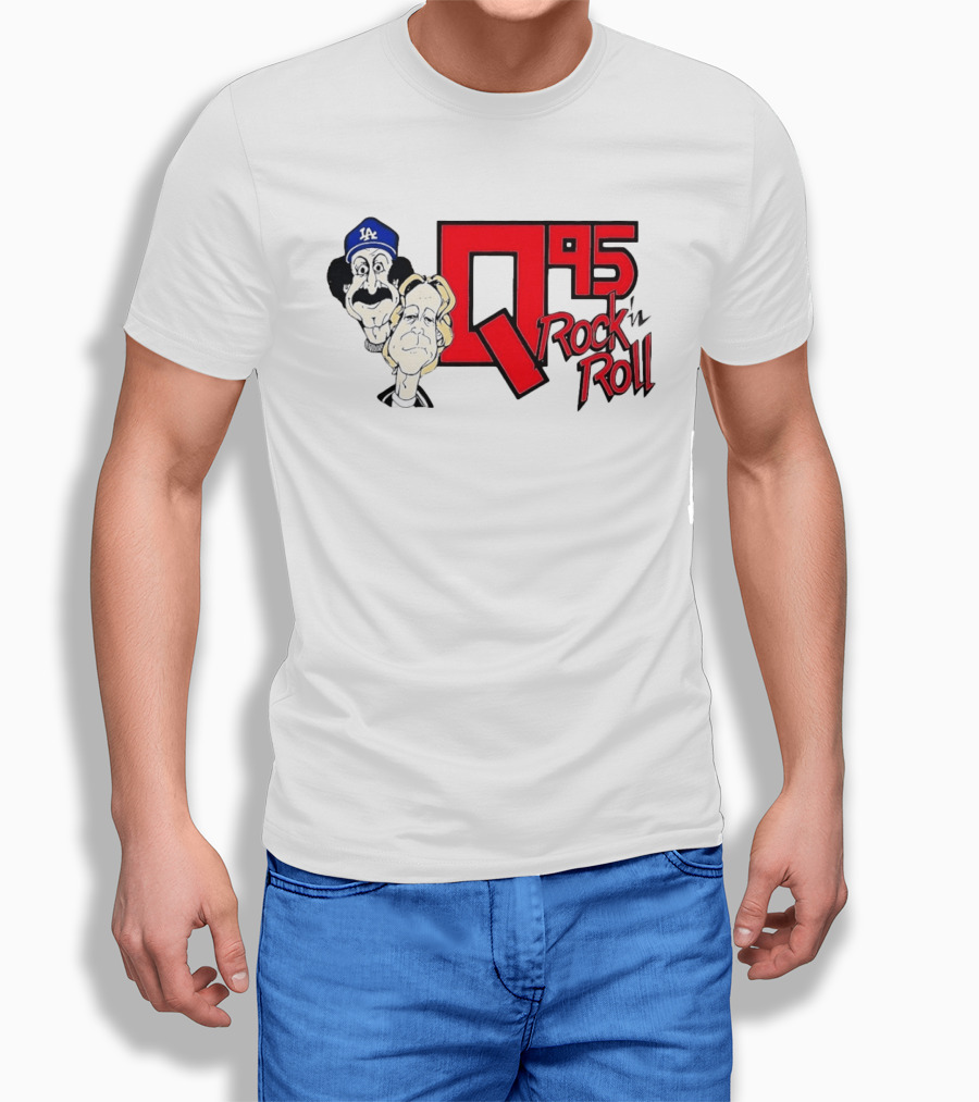 Q95 Rock 'n Roll Characters Wearing LA Dodgers Hat T-Shirt