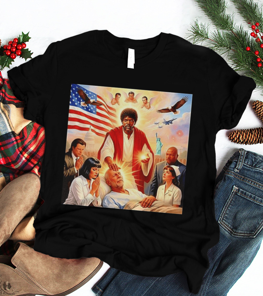 Samuel L. Jackson Exorcism Scene With Bruce Willis And US Patriotic Elements Meme T-Shirt
