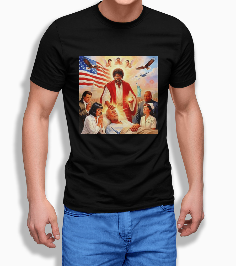 Samuel L. Jackson Exorcism Scene With Bruce Willis And US Patriotic Elements Meme T-Shirt