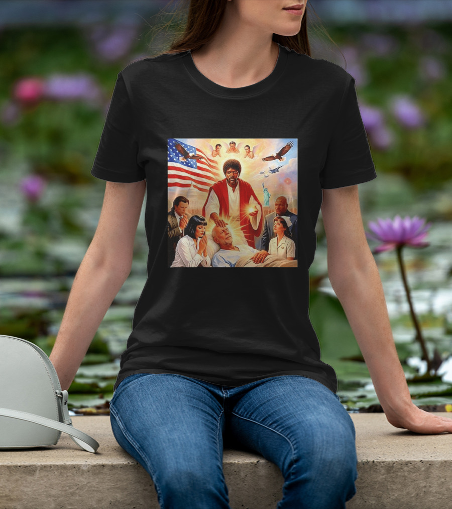 Samuel L. Jackson Exorcism Scene With Bruce Willis And US Patriotic Elements Meme T-Shirt