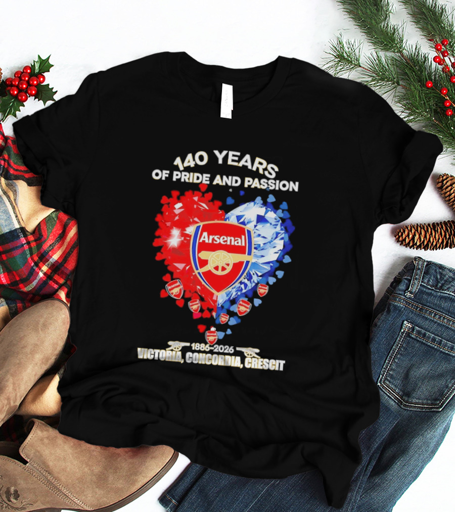 Arsenal 140 Years Of Pride And Passion Victoria Concordia Crescit 1886 2026 Heart Badge Crest T-Shirt