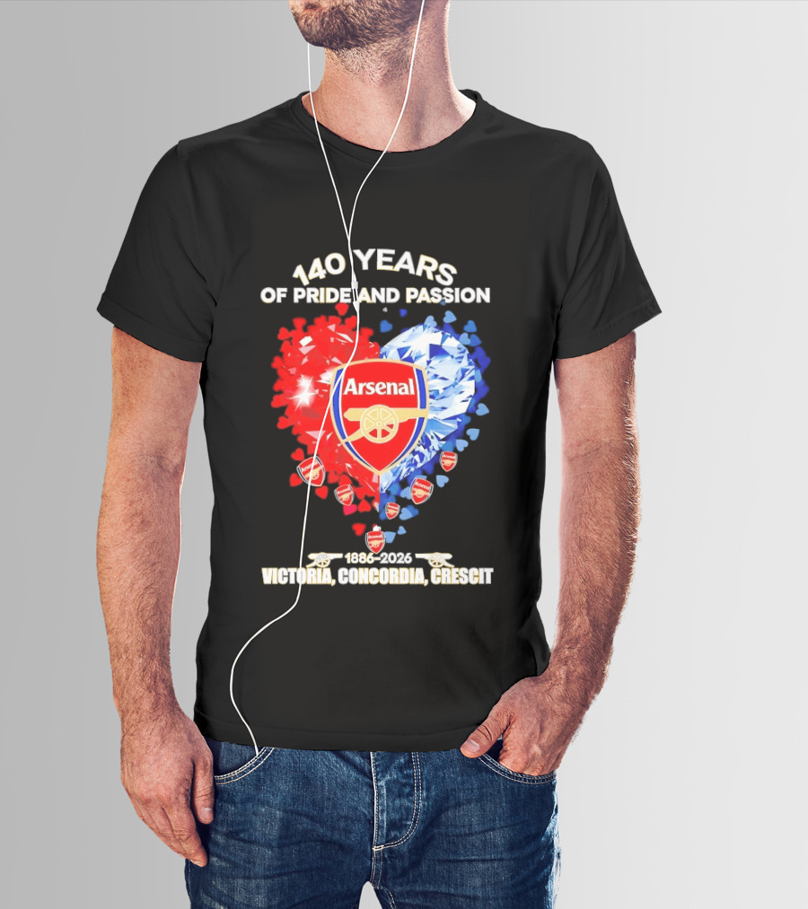 Arsenal 140 Years Of Pride And Passion Victoria Concordia Crescit 1886 2026 Heart Badge Crest T-Shirt