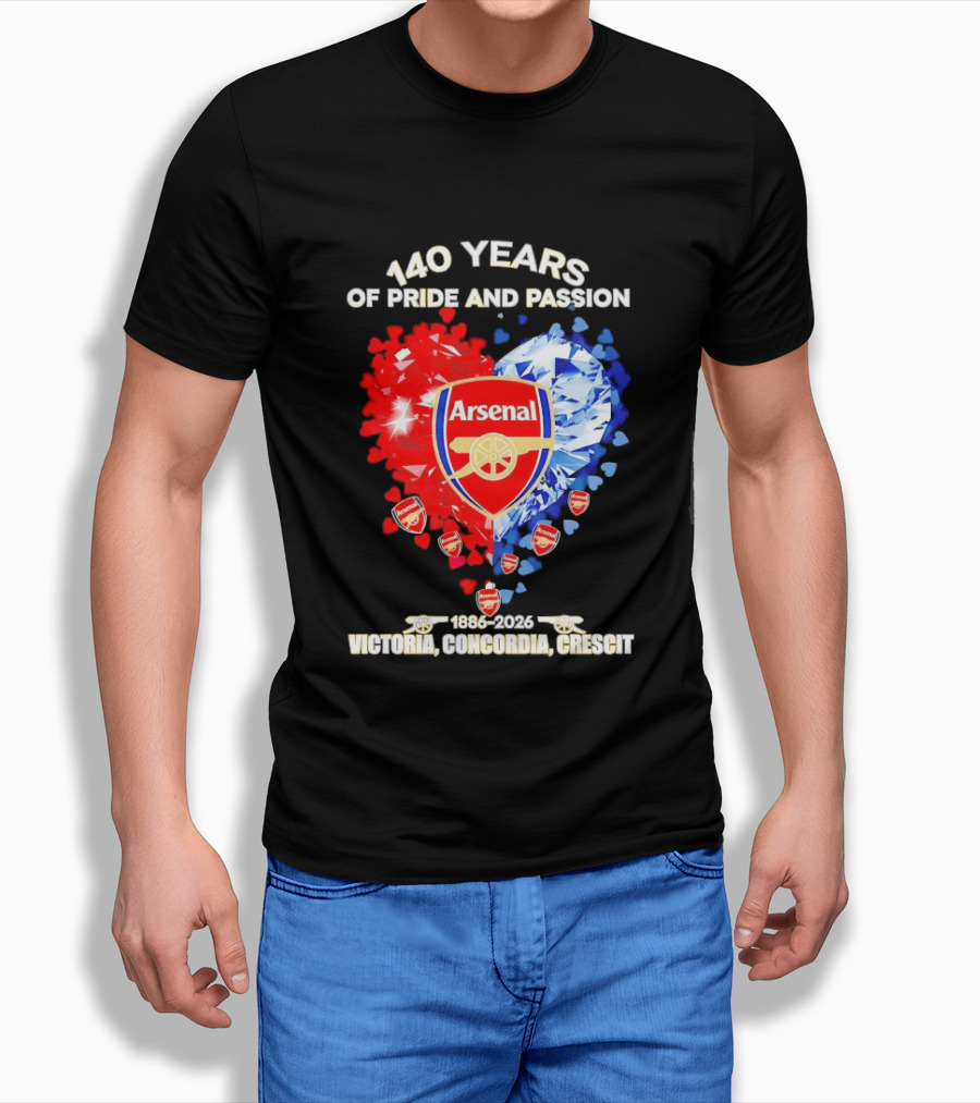 Arsenal 140 Years Of Pride And Passion Victoria Concordia Crescit 1886 2026 Heart Badge Crest T-Shirt