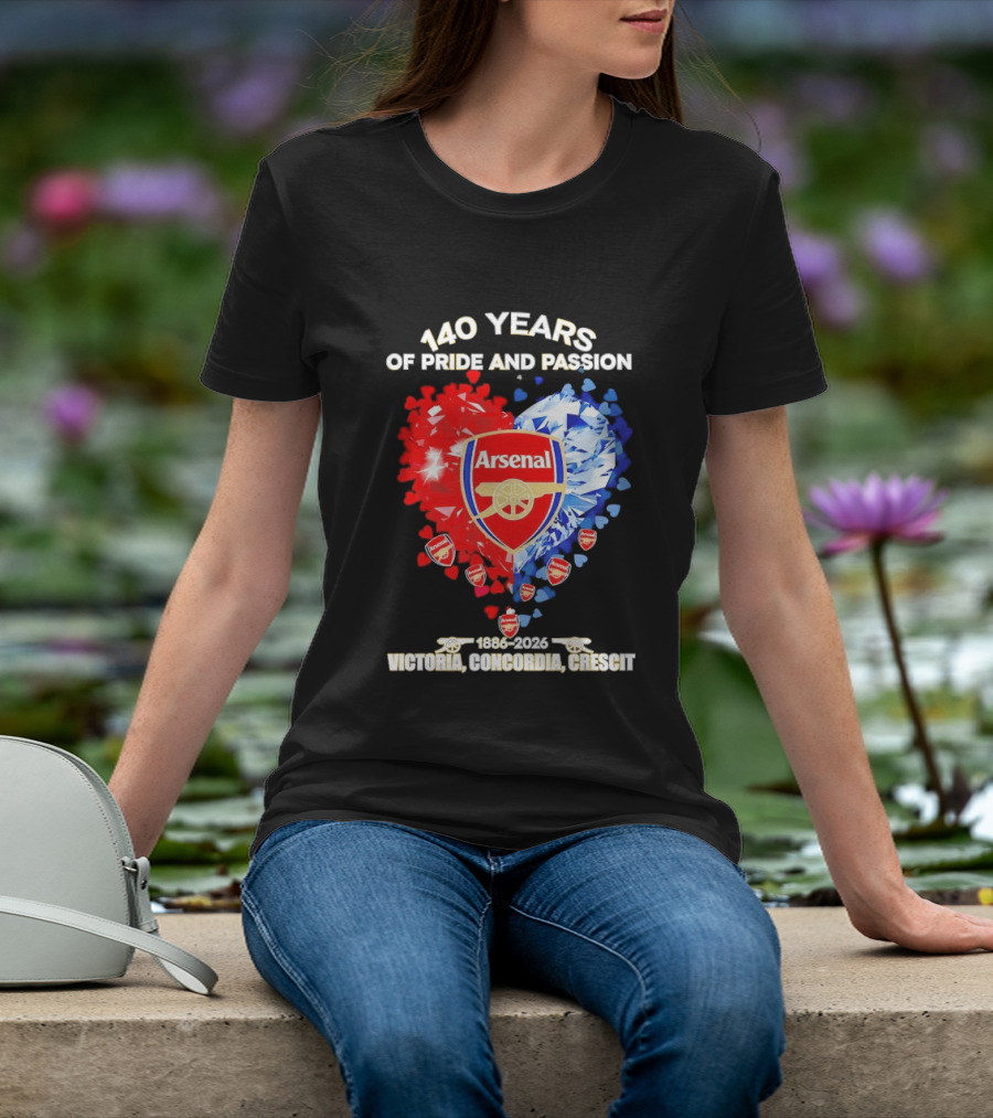 Arsenal 140 Years Of Pride And Passion Victoria Concordia Crescit 1886 2026 Heart Badge Crest T-Shirt