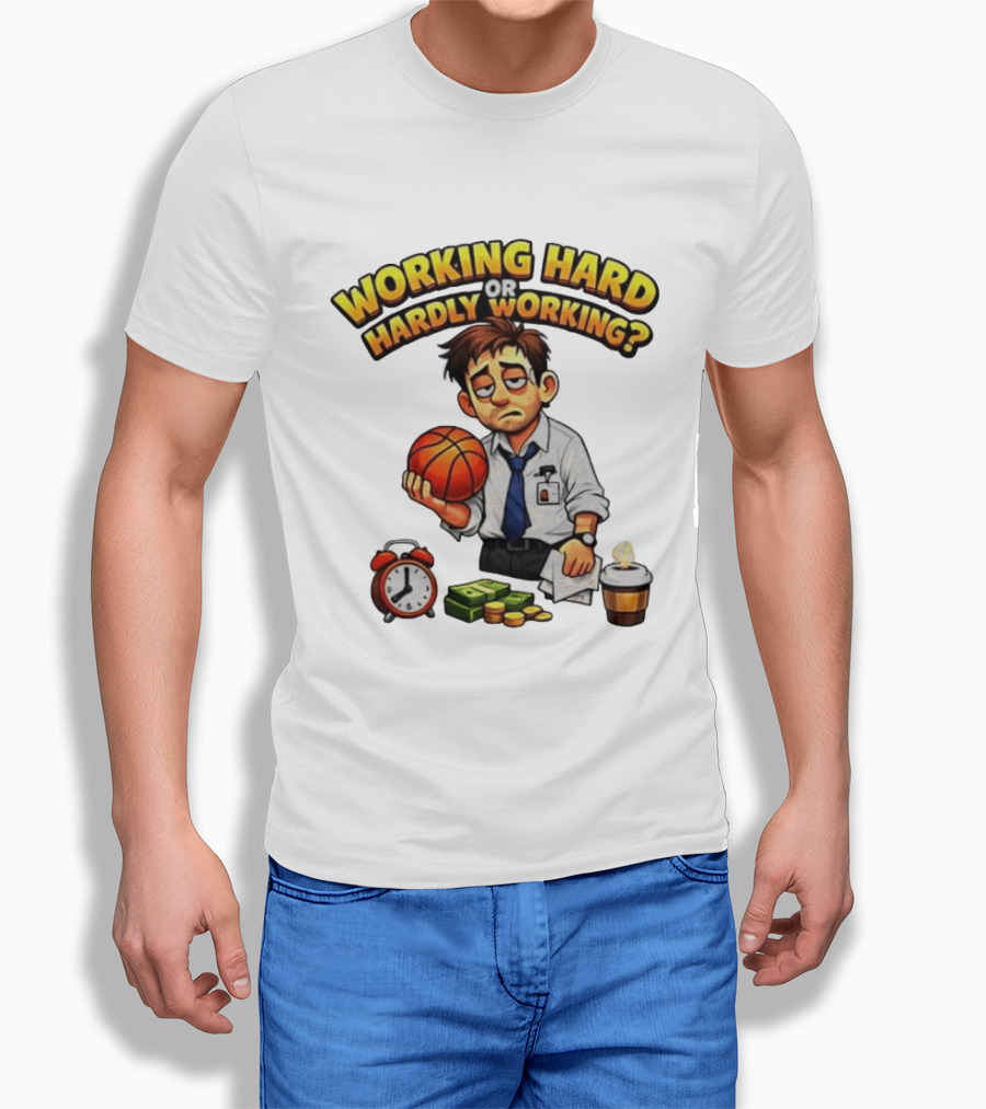 Working Hard Or Hardly Working Tired Office Man Basketball Coffee Alarm T-Shirt