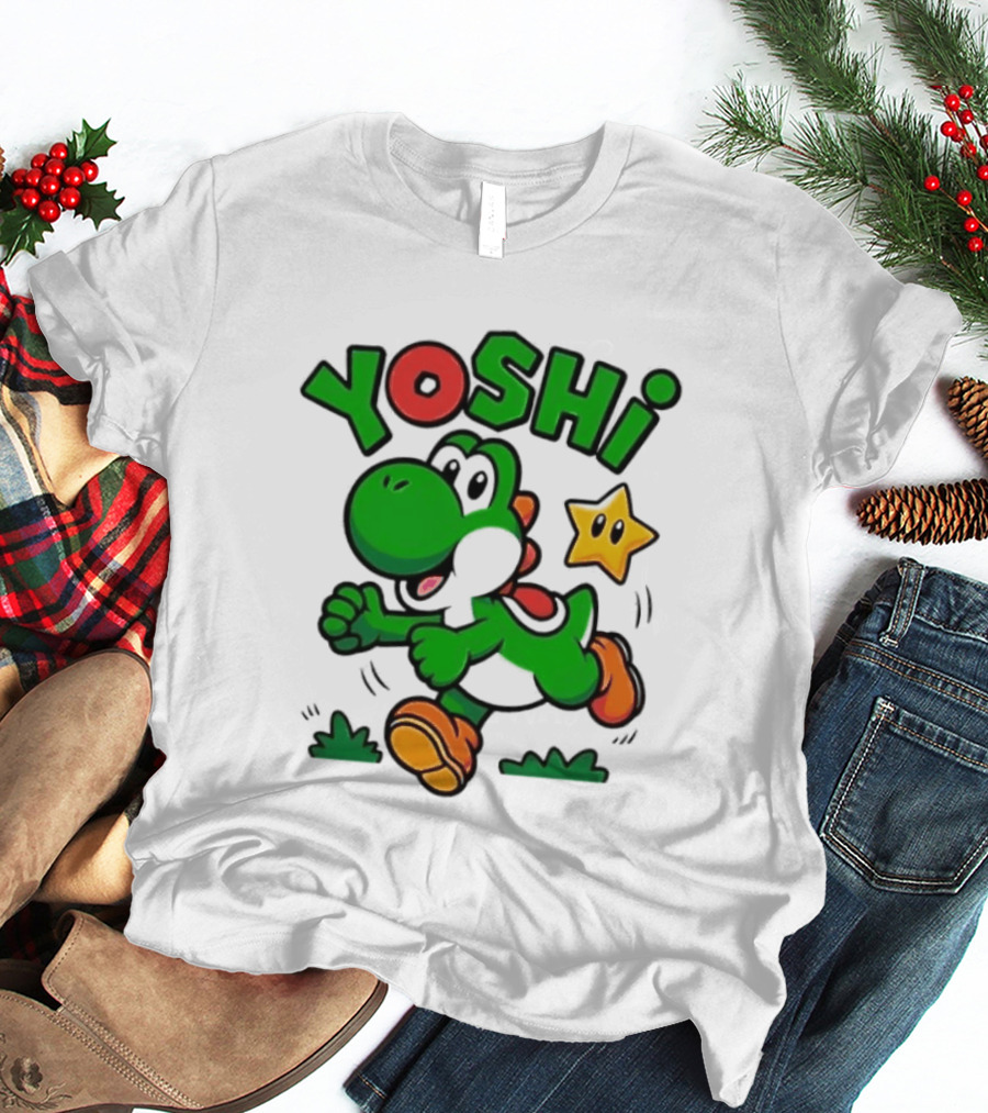 Yoshi Super Mario Green Dinosaur Running With Star T-Shirt