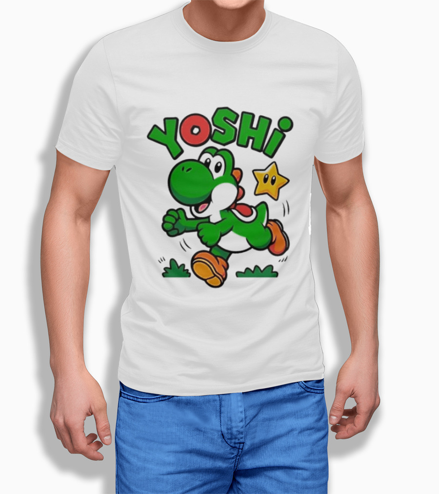 Yoshi Super Mario Green Dinosaur Running With Star T-Shirt