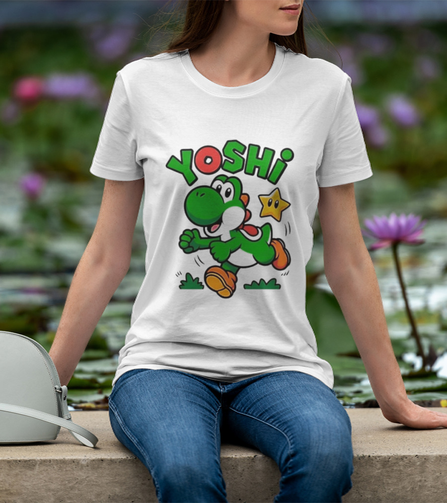 Yoshi Super Mario Green Dinosaur Running With Star T-Shirt