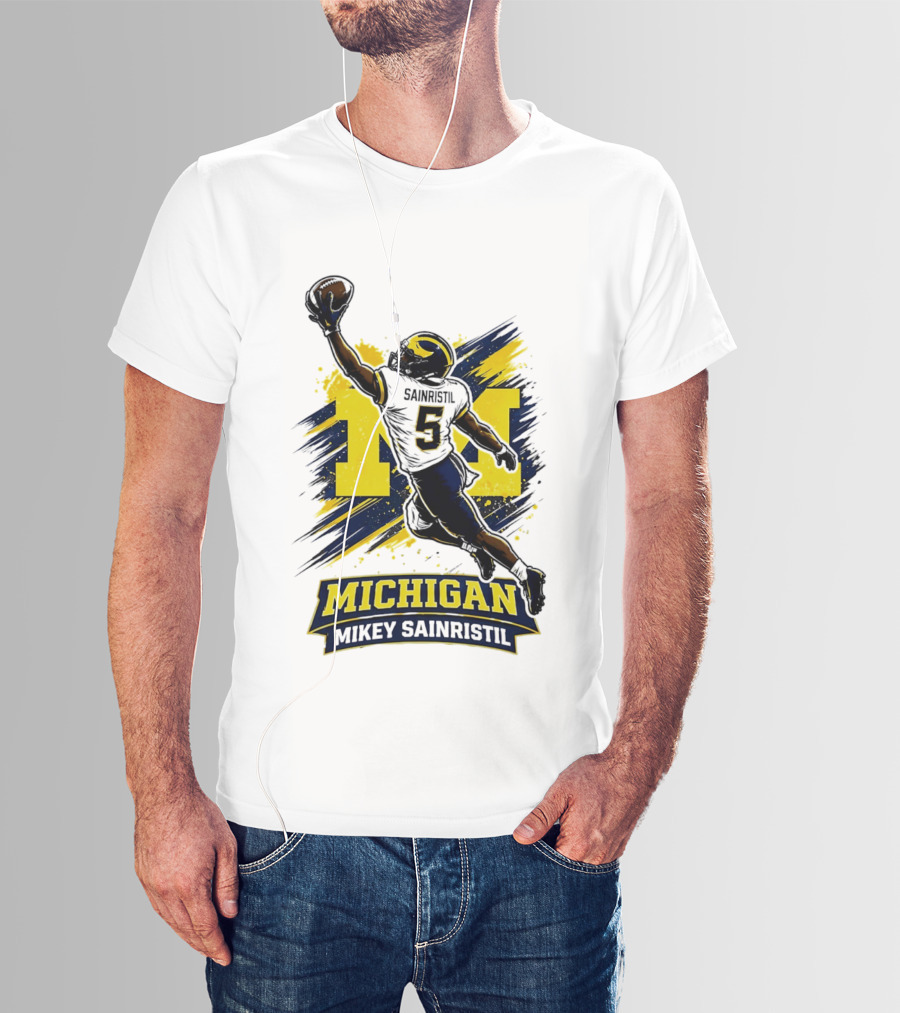 Michigan Mikey Sainristil Catching Football Wolverines Player T-Shirt
