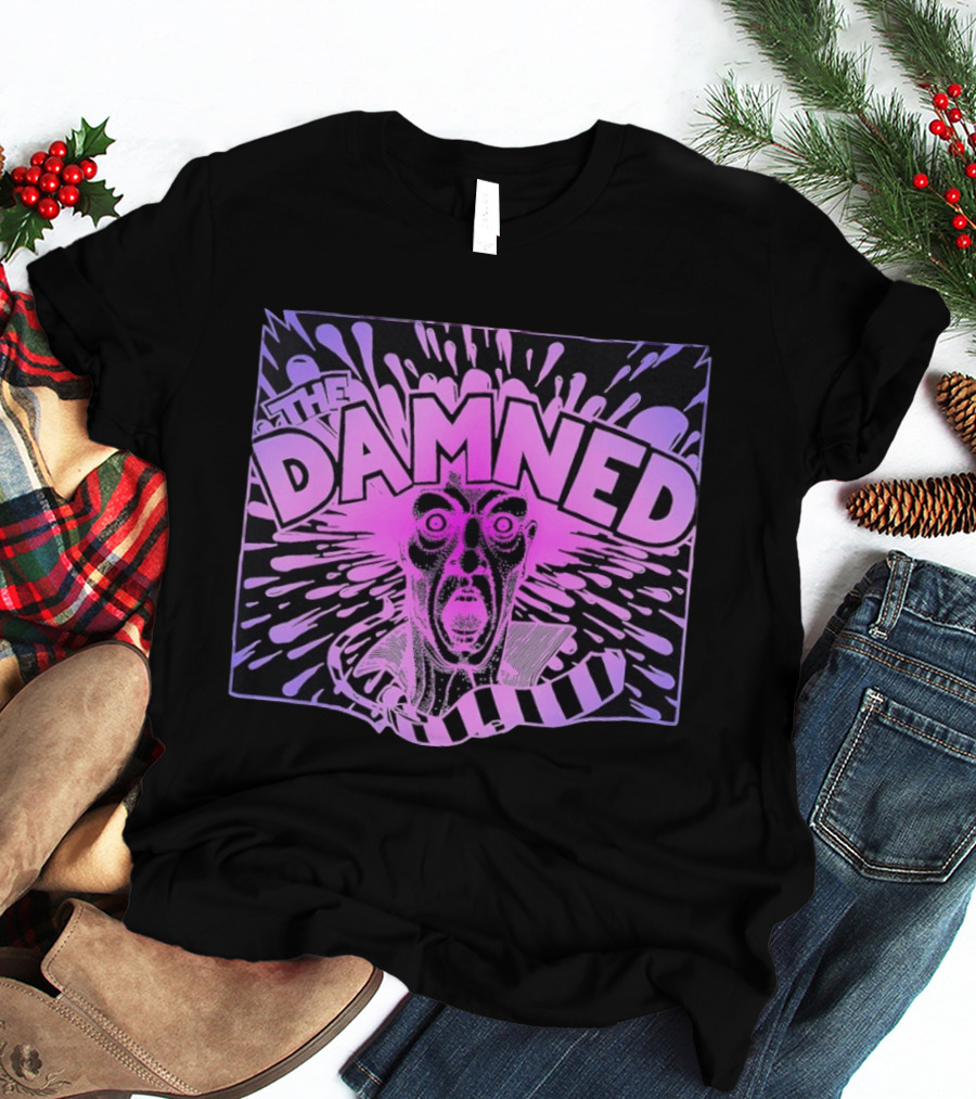 THE DAMNED Horror Face Neon Splatter Purple Black T-Shirt