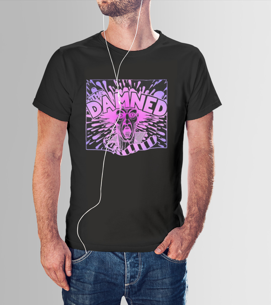 THE DAMNED Horror Face Neon Splatter Purple Black T-Shirt