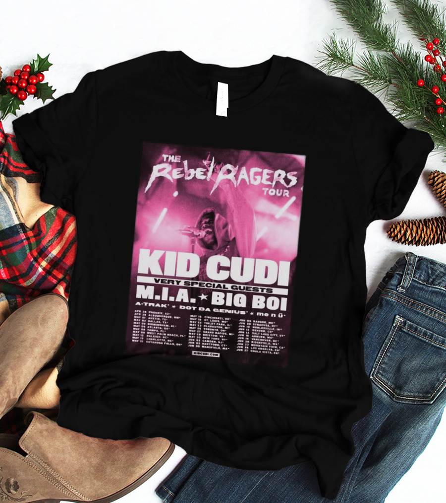 The Rebel Ragers Tour Kid Cudi 2026 Featuring M.I.A. Big Boi A Trak Dot Da Genius Tour Dates T-Shirt